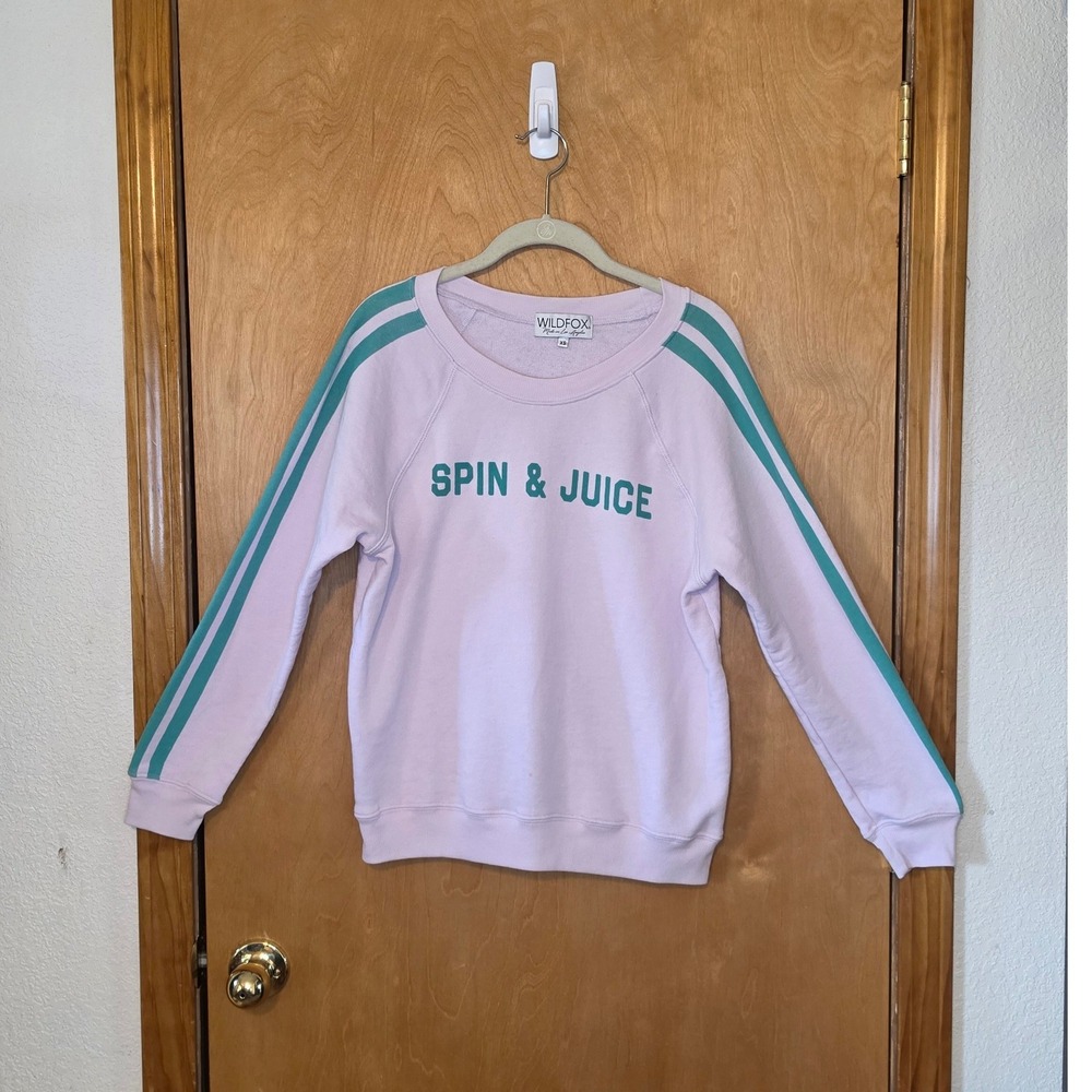 Wildfox Spin & Juice Graphic Sweatshirt Green Stripe XS Raglan Pullover *Flaw